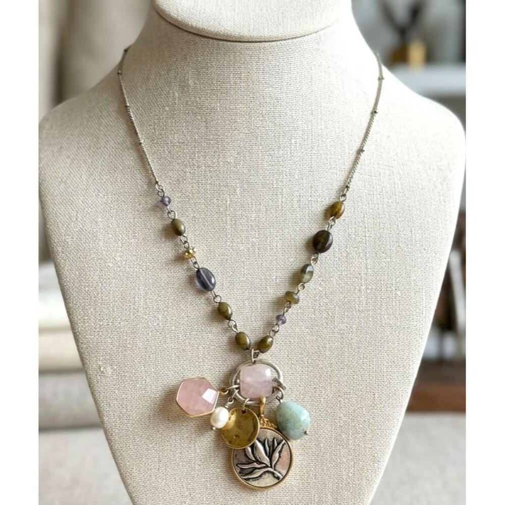 Boho Mixed Stone Cluster Charm Necklace • Silver Tone Beaded Link Chain
